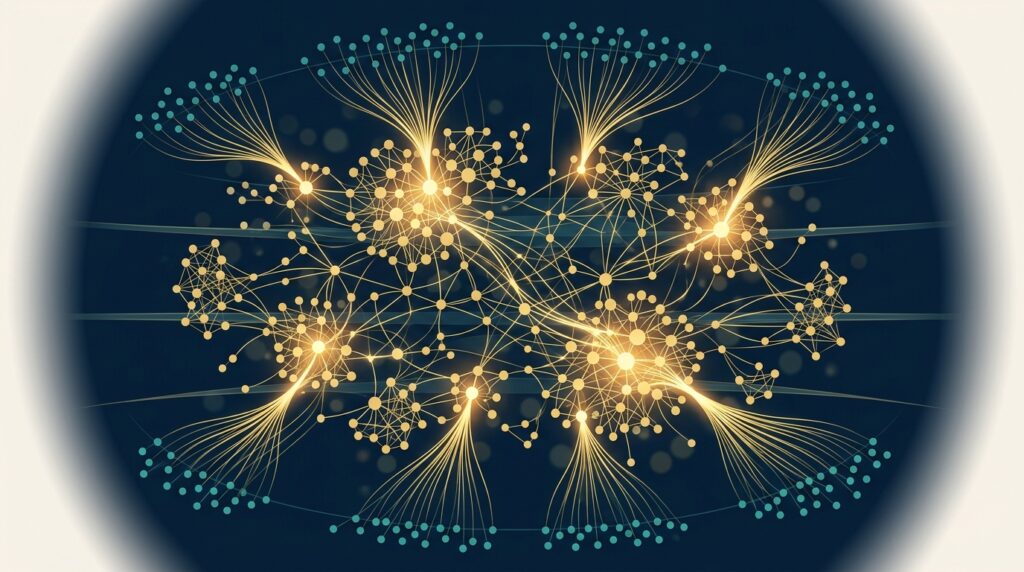 Abstract editorial illustration of Reddit community clusters connecting to AI citation surfaces — gold and teal constellation on navy — EMGI Group