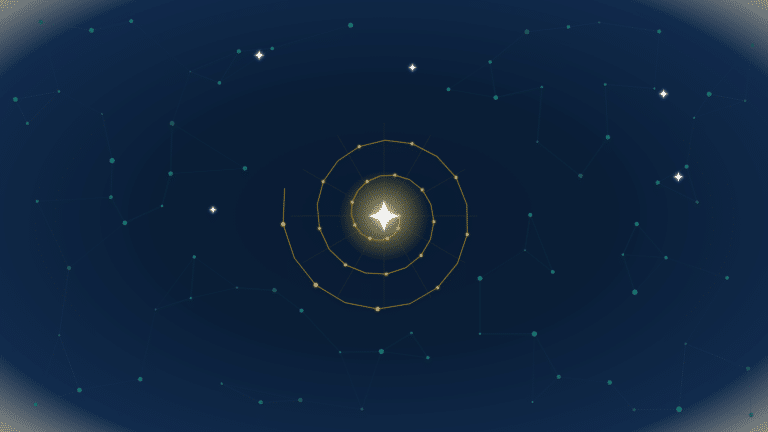 Golden constellation forming an outreach sequence spiral on a deep navy network background, EMGI Group