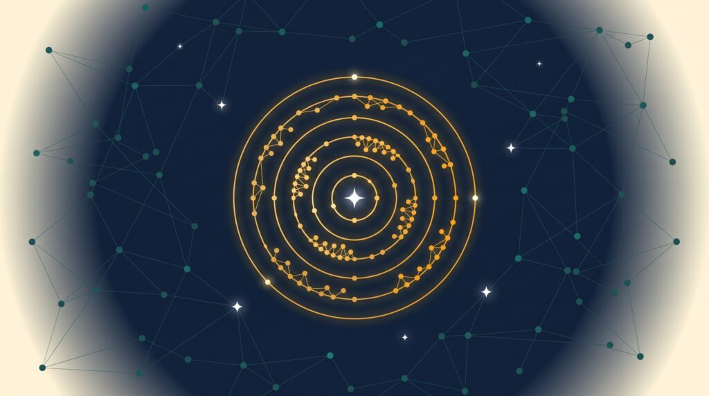 Abstract editorial illustration of a golden orbital constellation representing SaaS content marketing that earns links and citations
