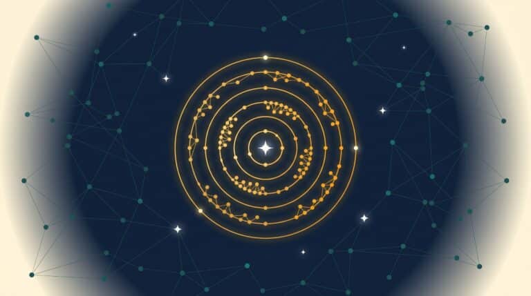Abstract editorial illustration of a golden orbital constellation representing SaaS content marketing that earns links and citations
