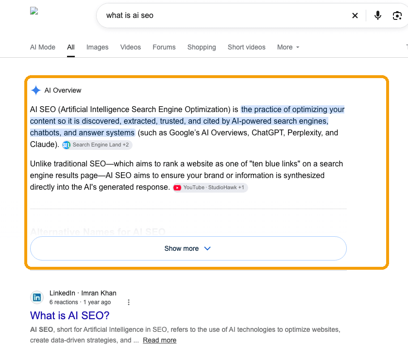 Google AI Overview answering the query what is ai seo, with the AI Overview ringed