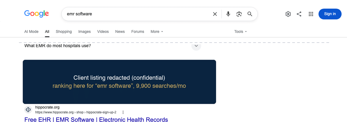 Google US search results for emr software with the client's guide ranking on page one, listing redacted for confidentiality