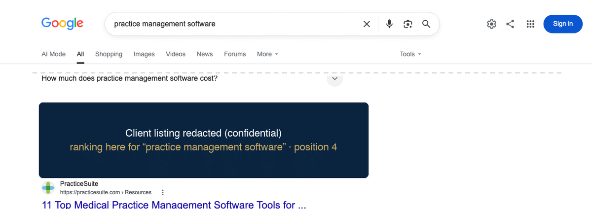 Google US search results for practice management software with the client's page ranking at position four, redacted for confidentiality