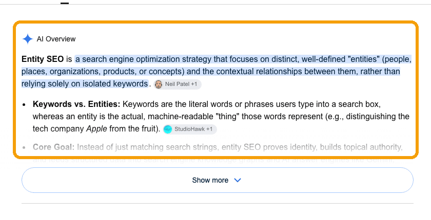 Google AI Overview defining entity SEO, ringed