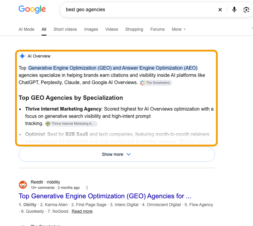 Google AI Overview for best geo agencies naming agencies, ringed