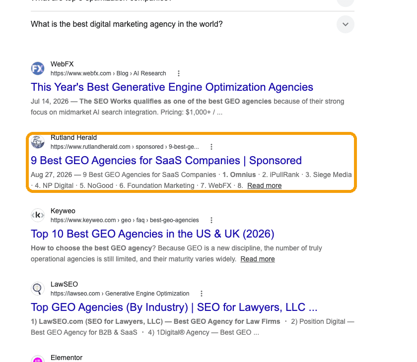 Google results for best geo agencies including a sponsored listicle on a regional newspaper, ringed