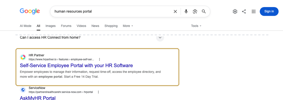 Google US search results for human resources portal showing HR Partner's self-service portal feature page ranking