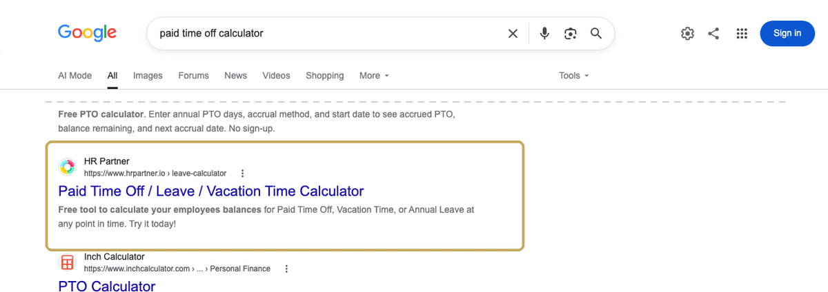 Google US search results for paid time off calculator showing HR Partner's leave calculator ranking on page one