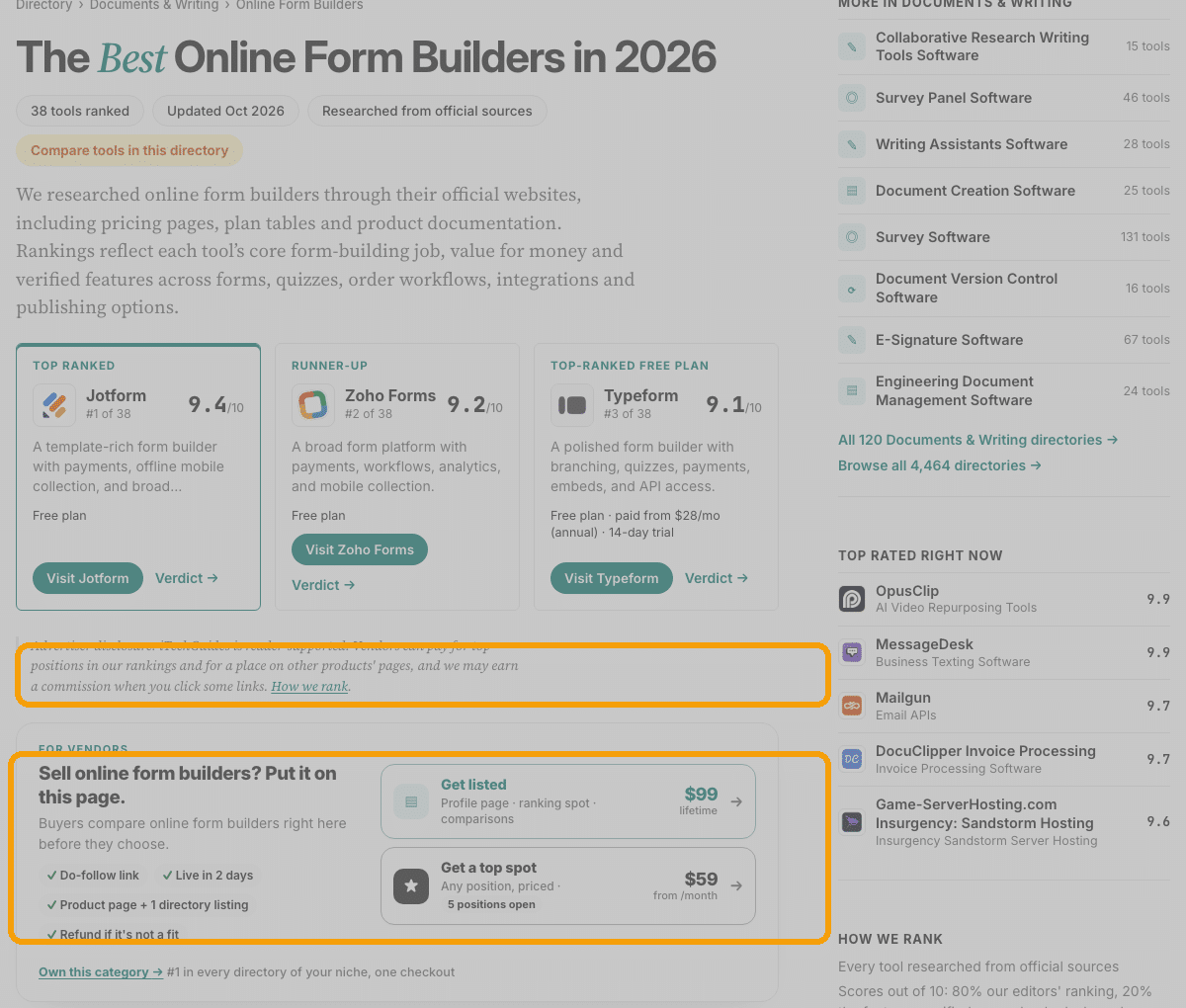 iTechGuides form builder ranking page with its advertiser disclosure and paid top-spot pricing ringed
