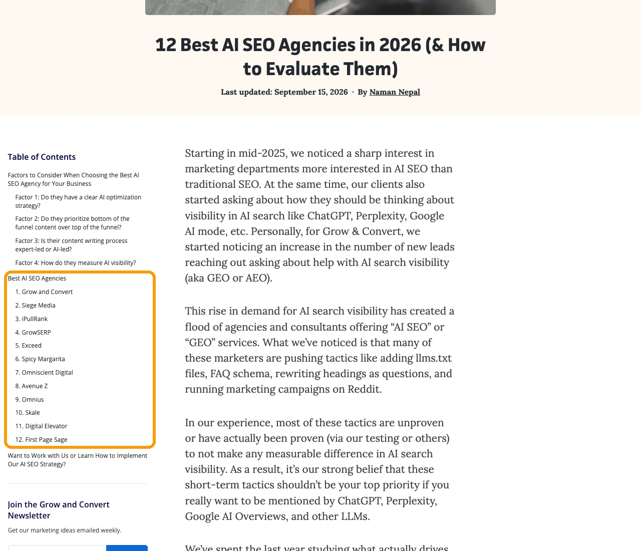 Grow and Convert article titled 12 Best AI SEO Agencies in 2026 with the table of contents ringed showing the author agency ranked first