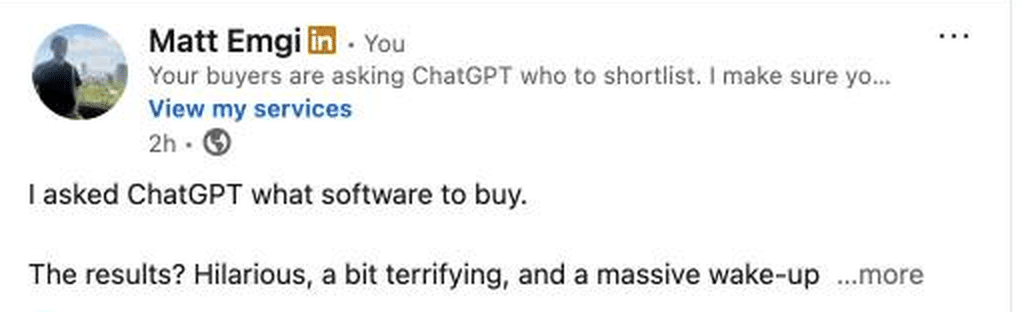 Matt Emgi LinkedIn post about asking ChatGPT what software to buy