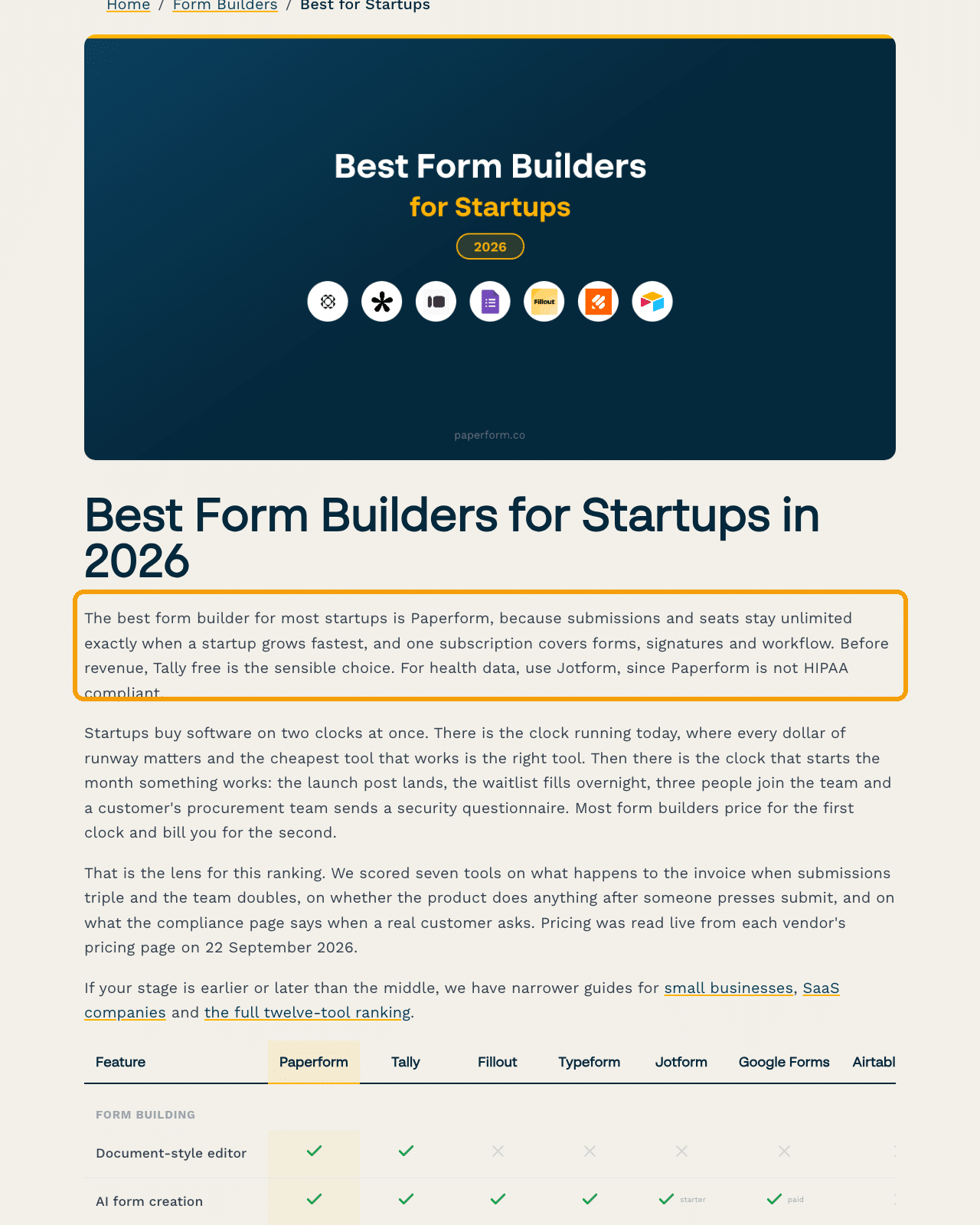 Paperform blog post ranking the best form builders for startups with its own verdict paragraph ringed