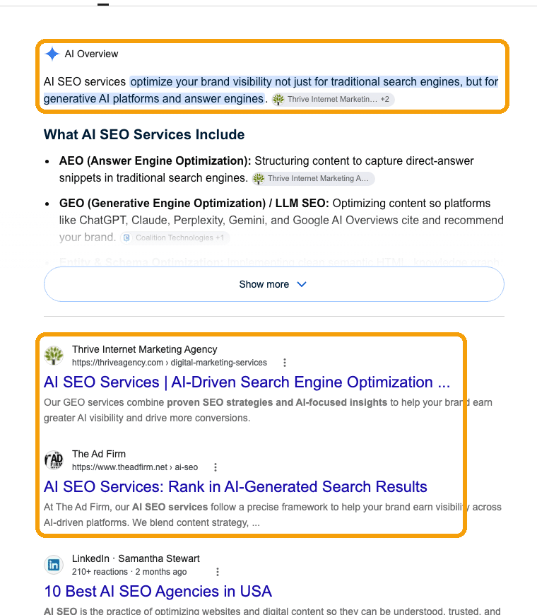 Google results for ai seo services showing an AI Overview and agency service pages, with the AI Overview and top agency results ringed