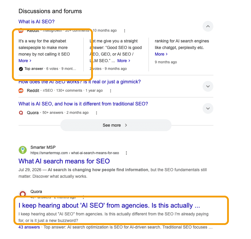 Google results for what is ai seo showing Reddit and Quora discussions questioning whether AI SEO is real, with two threads ringed
