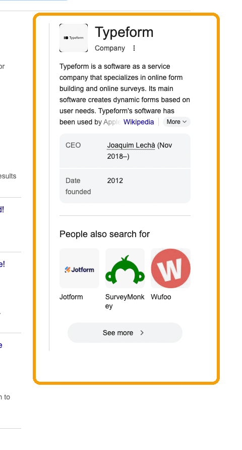 Google knowledge panel for Typeform showing company description, CEO, founding date and related brands, ringed