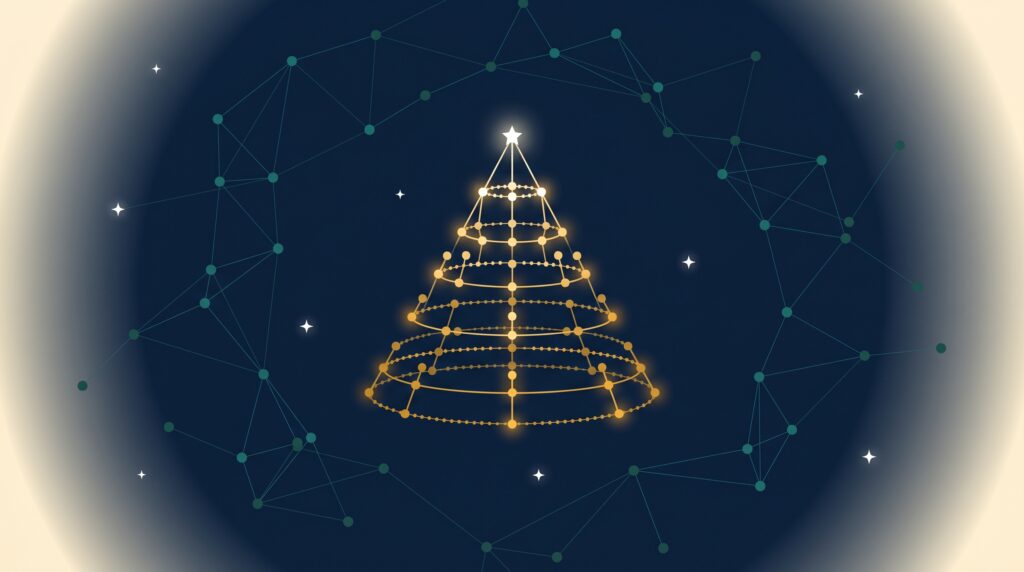 Abstract editorial illustration of a golden tiered pyramid constellation representing topical authority for SaaS
