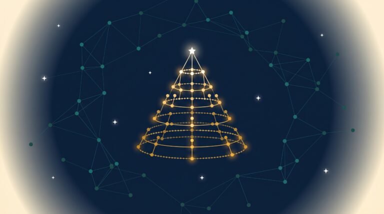 Abstract editorial illustration of a golden tiered pyramid constellation representing topical authority for SaaS