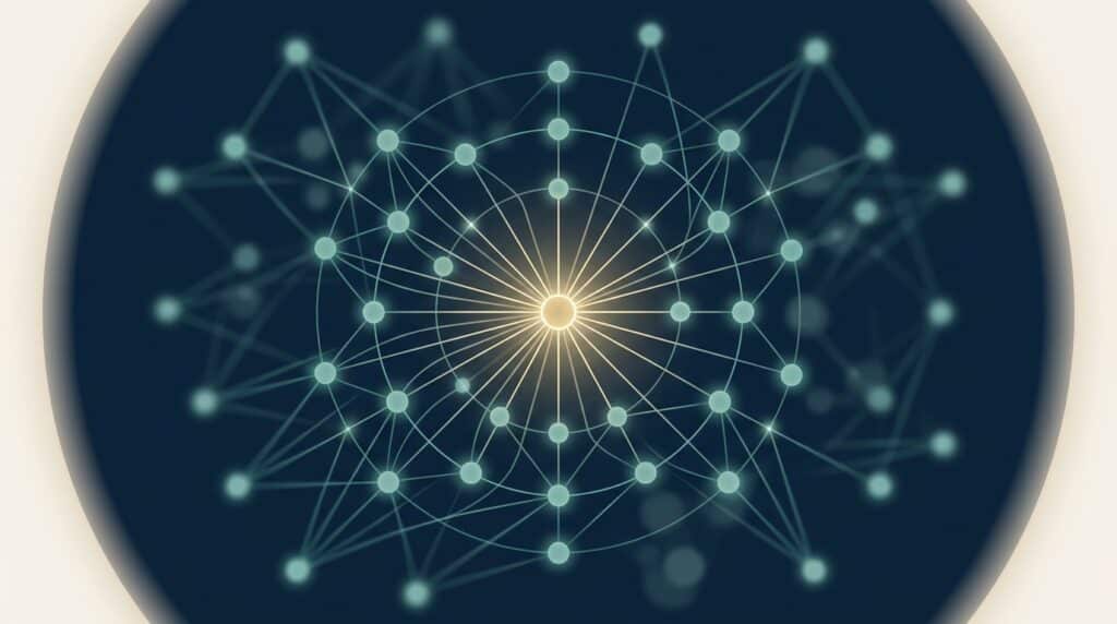 Abstract editorial illustration: a luminous central node radiating pathways outward to peripheral nodes — representing a brand being cited across an AI search network