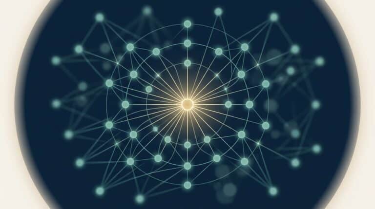 Abstract editorial illustration: a luminous central node radiating pathways outward to peripheral nodes — representing a brand being cited across an AI search network