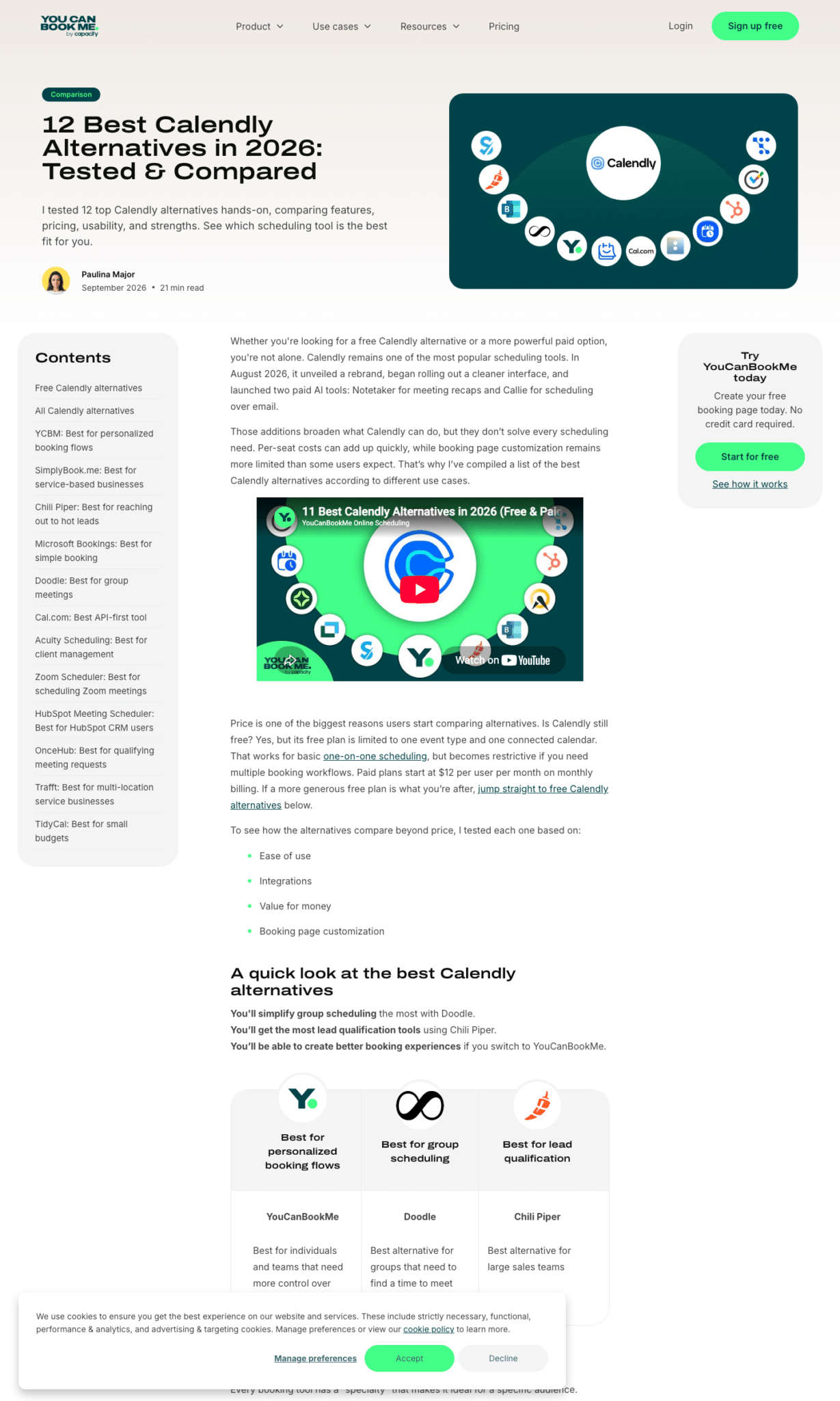 YouCanBookMe comparison hub showing structured honest comparison pages, an example of the format that wins
