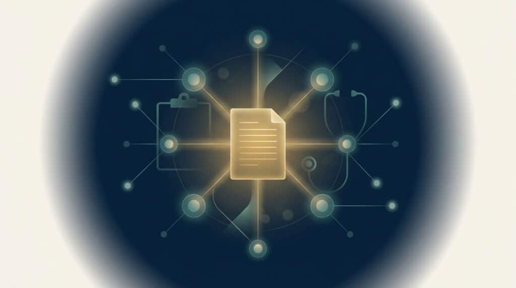 Abstract editorial illustration: a luminous clinical document form at the heart of a network of glowing nodes, representing clinical content being cited across an AI search network