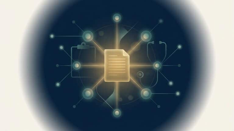 Abstract editorial illustration: a luminous clinical document form at the heart of a network of glowing nodes, representing clinical content being cited across an AI search network